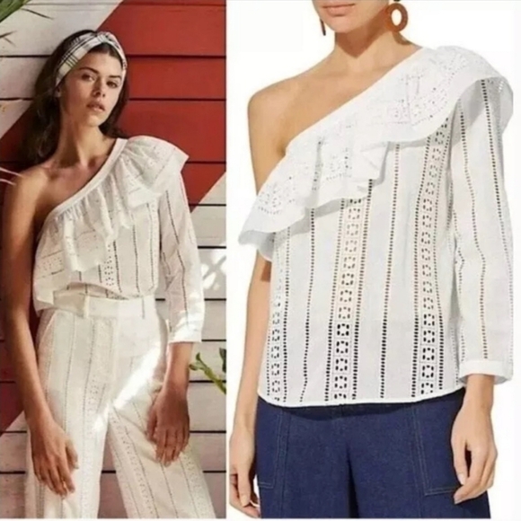Veronica Beard Cruz Womens Top Size 4 White Eyelet Ruffle Off Shoulder‎ Blouse - Picture 3 of 3